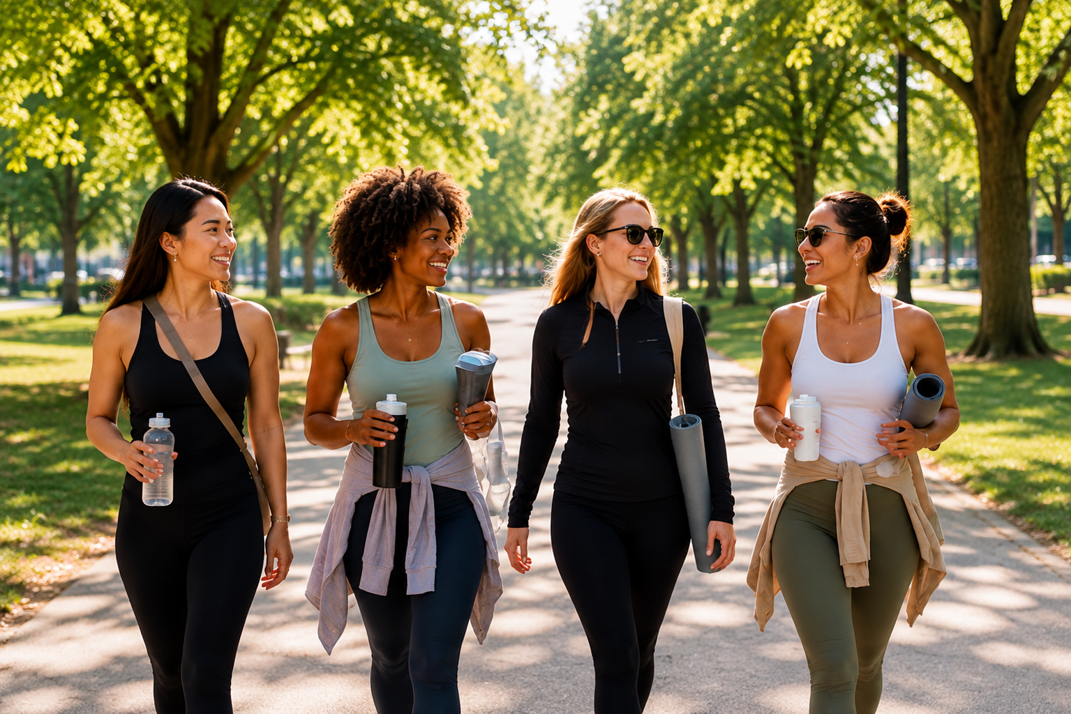 Four women walking together in a sunny park with trees, carrying water bottles and yoga mats, smiling and chatting.