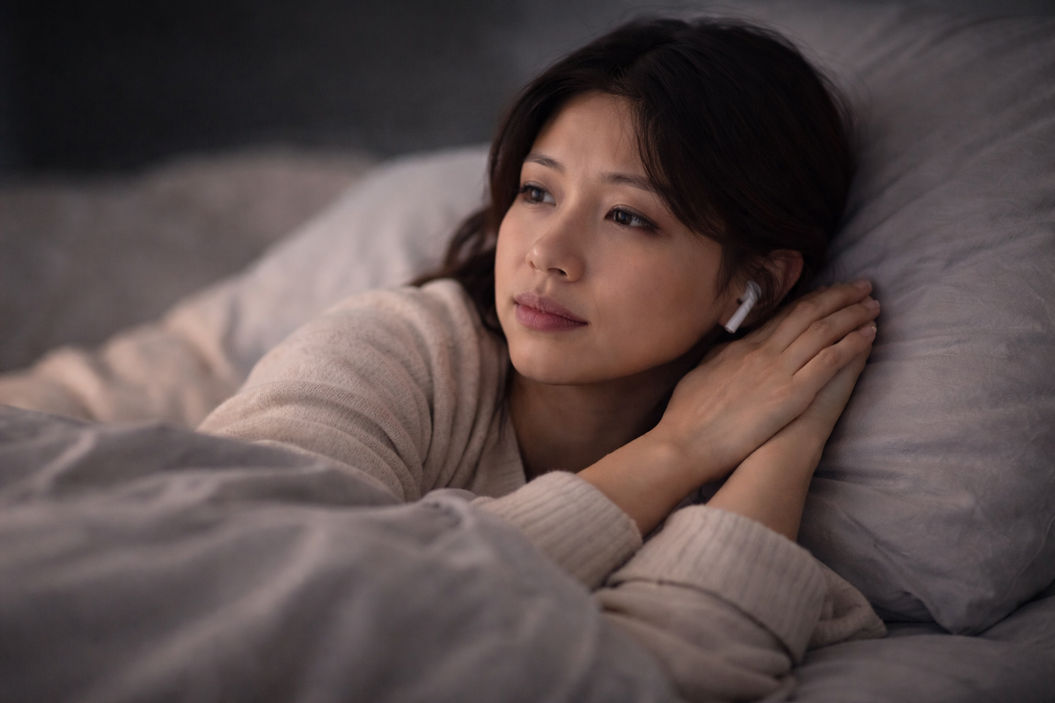 A woman lying in bed, resting her head on a pillow, with her hands gently clasped together near her face, wearing wireless earbuds.