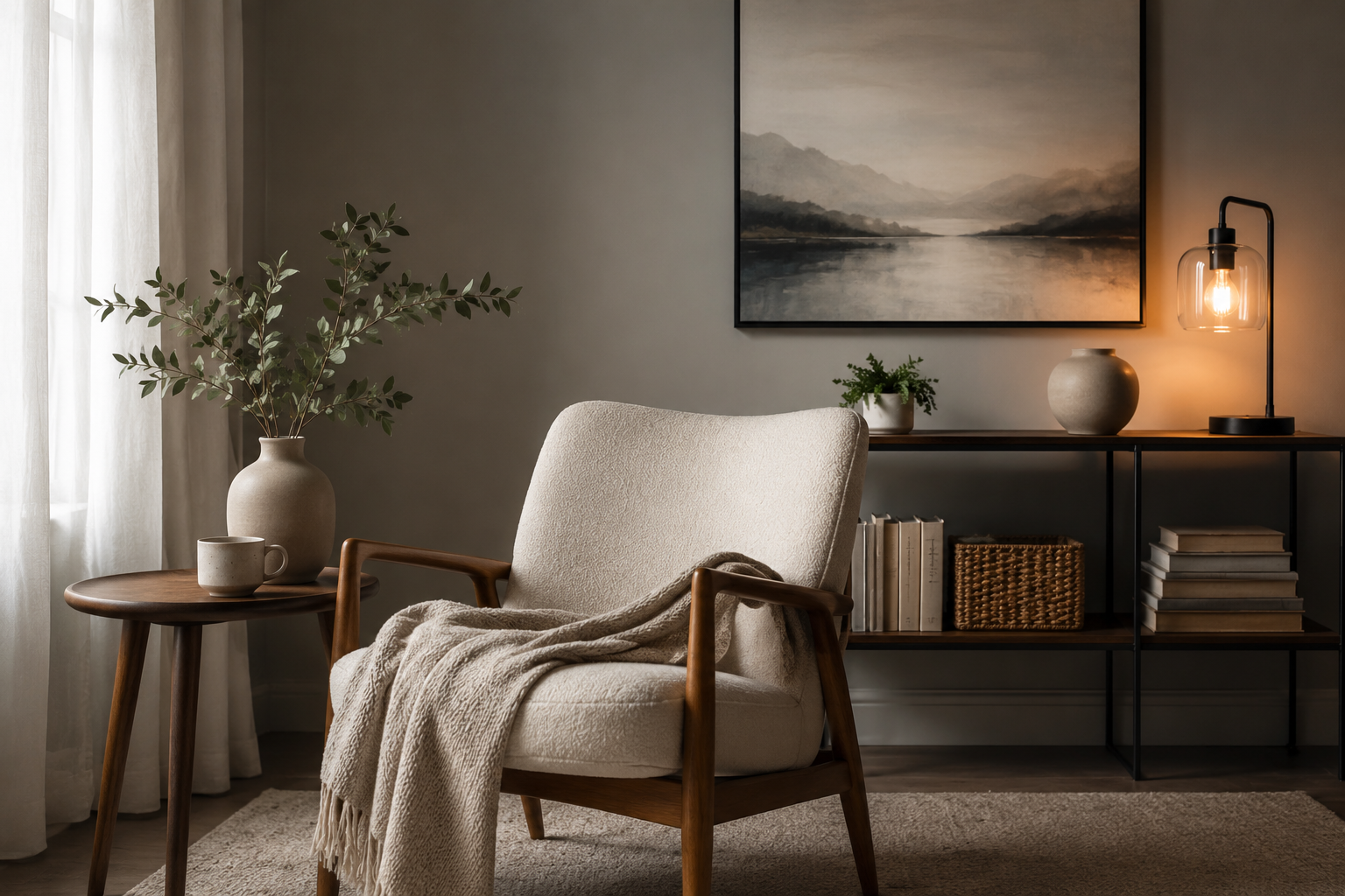 A cozy living room corner with a beige armchair at the center, draped with a cream-colored blanket, beside a small wooden side table holding a large beige vase with green foliage and a coffee mug. A dark console shelf in the background features stacked books, a woven basket, and decorative vases, with a modern black table lamp and a framed landscape painting of mountains and water hanging above.
