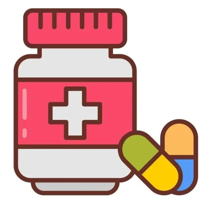 Illustration of a medicine bottle with a red cross symbol and three colorful pills beside it.