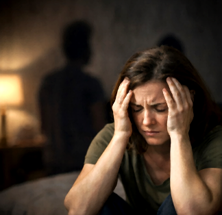 A woman sitting on a bed with her hands on her head, appearing distressed, with two blurred figures in the background in a dimly lit room.