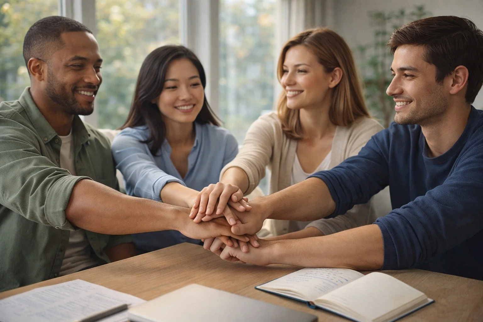 A diverse group of five young adults sitting at a table, smiling, with their hands stacked together in the center, symbolizing teamwork or unity.