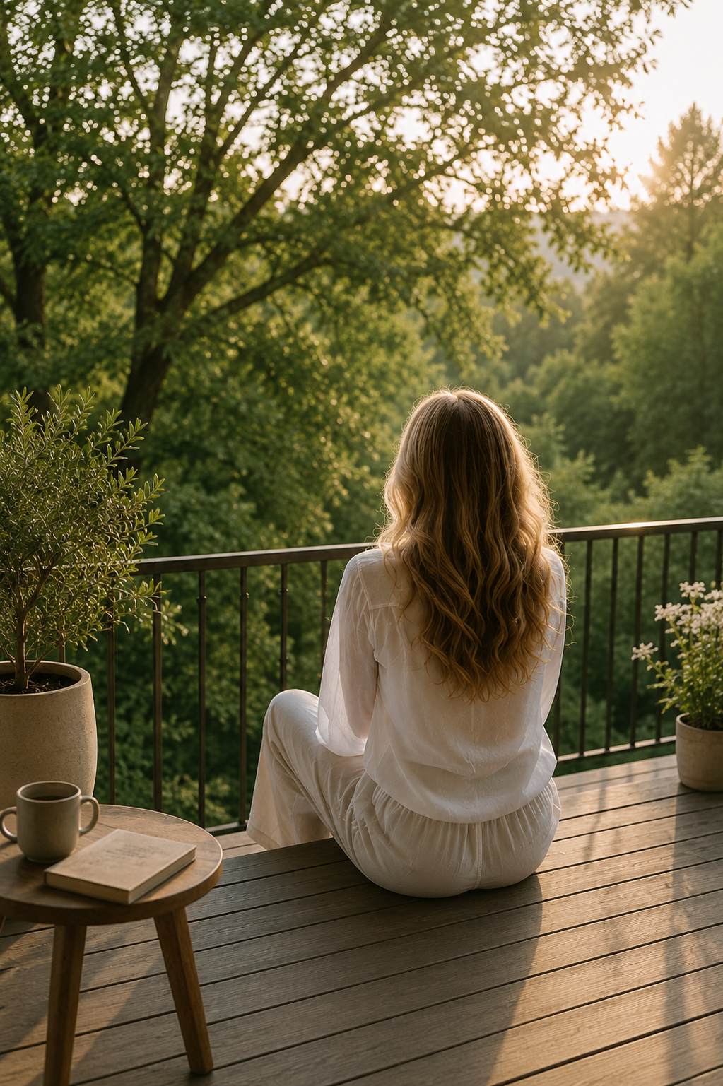 A woman with long, wavy hair sitting cross-legged on a wooden deck, looking out at the green, tree-filled landscape during sunset, with a small round table nearby holding a book, a mug, and surrounded by potted plants.