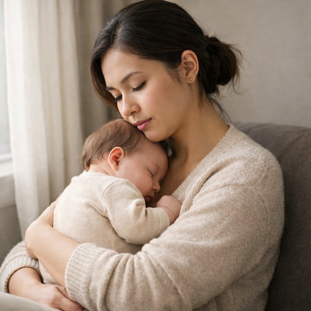 A woman holding a sleeping baby close to her chest in a cozy indoor setting.