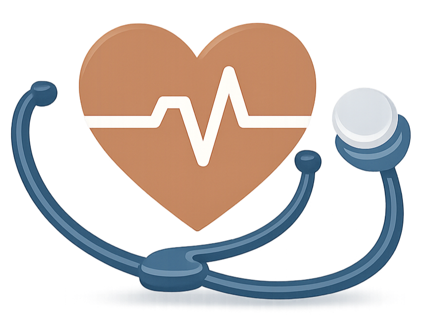 Illustration of a stethoscope with a heart and heartbeat symbol in the background.