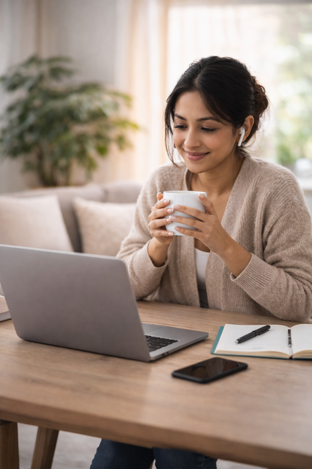 A woman sitting at a wooden desk with a laptop, notebook, pen, and smartphone. She is holding a white mug, smiling, and wearing wireless earbuds in a cozy, well-lit room.