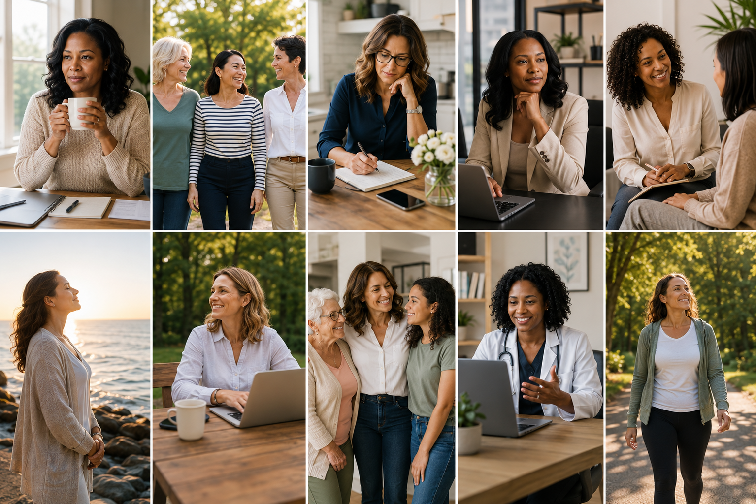 Collage of women in various settings: some sitting at desks with notebooks and coffee, others chatting, walking outdoors near water, and using laptops, all smiling and engaging in conversations or enjoying nature.