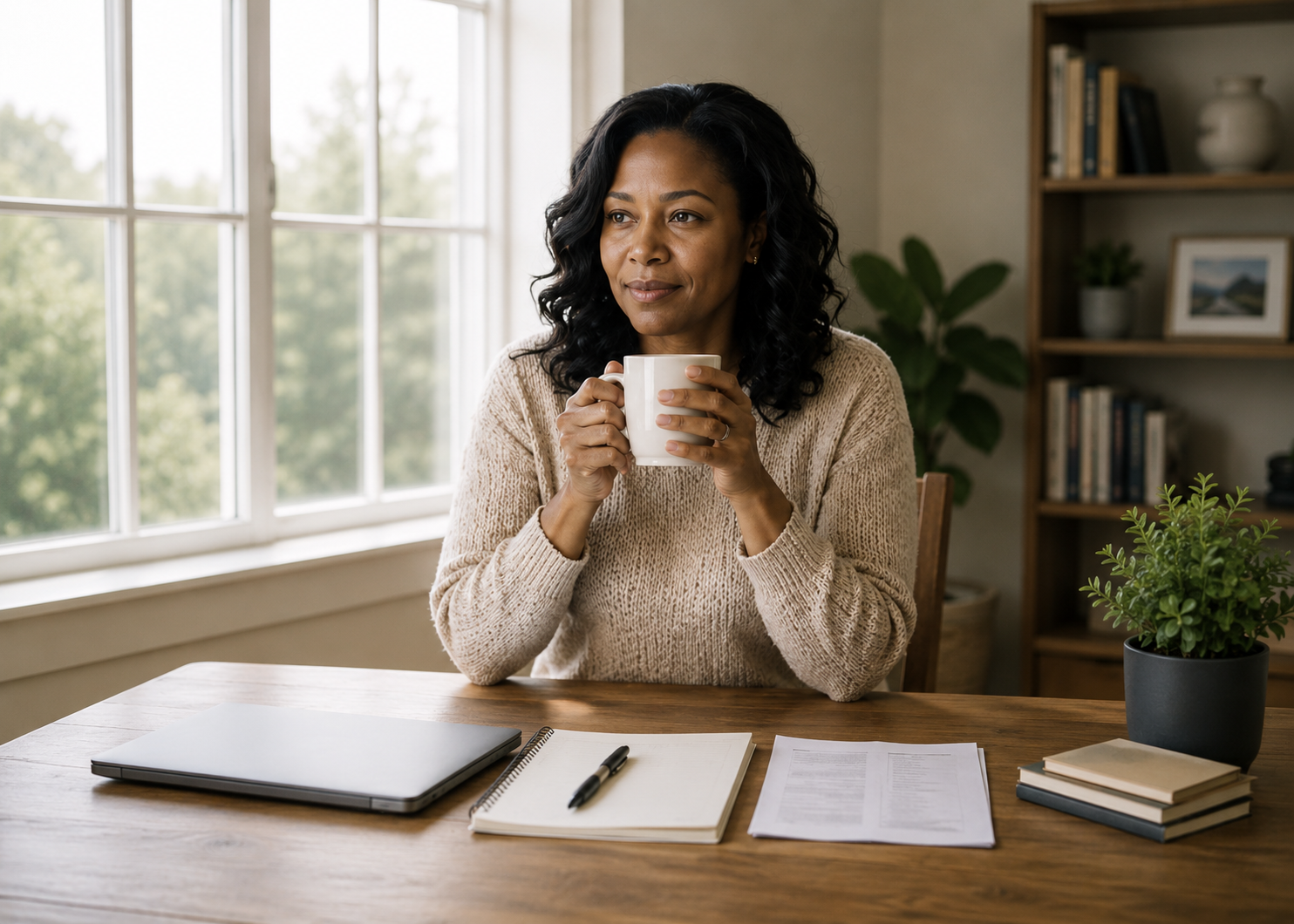 A woman sitting at a wooden desk holding a white mug, with a closed laptop, notebooks, a pen, papers, and a plant on desk, in a room with large windows and a bookshelf.
