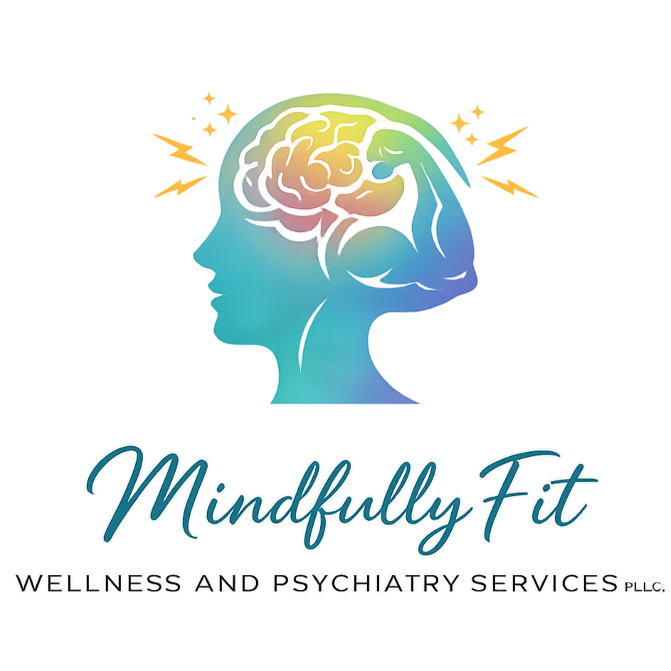 Logo for Mindfully Fit Wellness and Psychiatry Services featuring a side profile of a human head with a colorful brain and lightning bolts, with the text 'Mindfully Fit' and 'WELLNESS AND PSYCHIATRY SERVICES PLLC'.