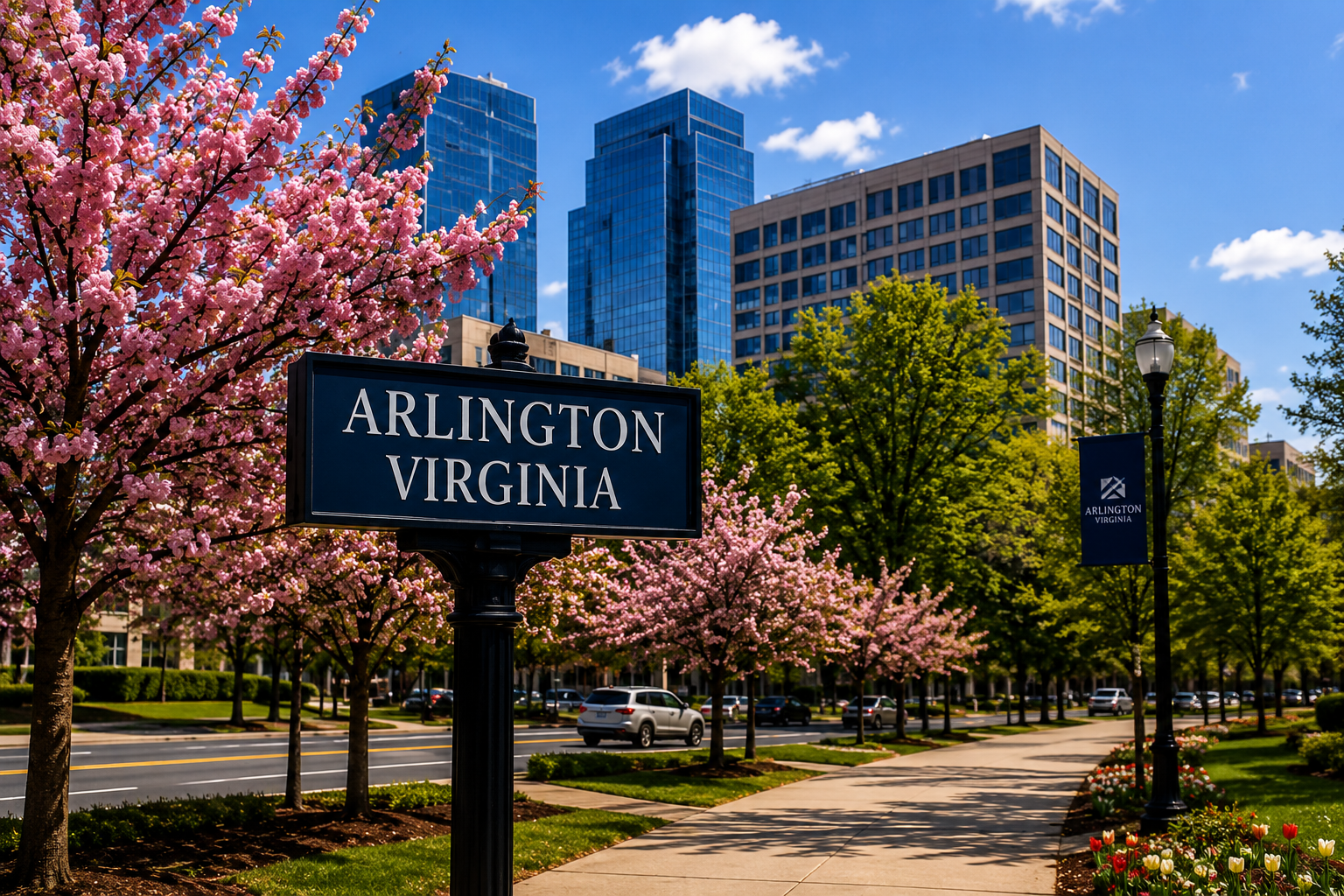 Street in Arlington, Virginia, with blooming pink cherry blossom trees, modern glass high-rise buildings, a sidewalk, and street lamps on a sunny day.