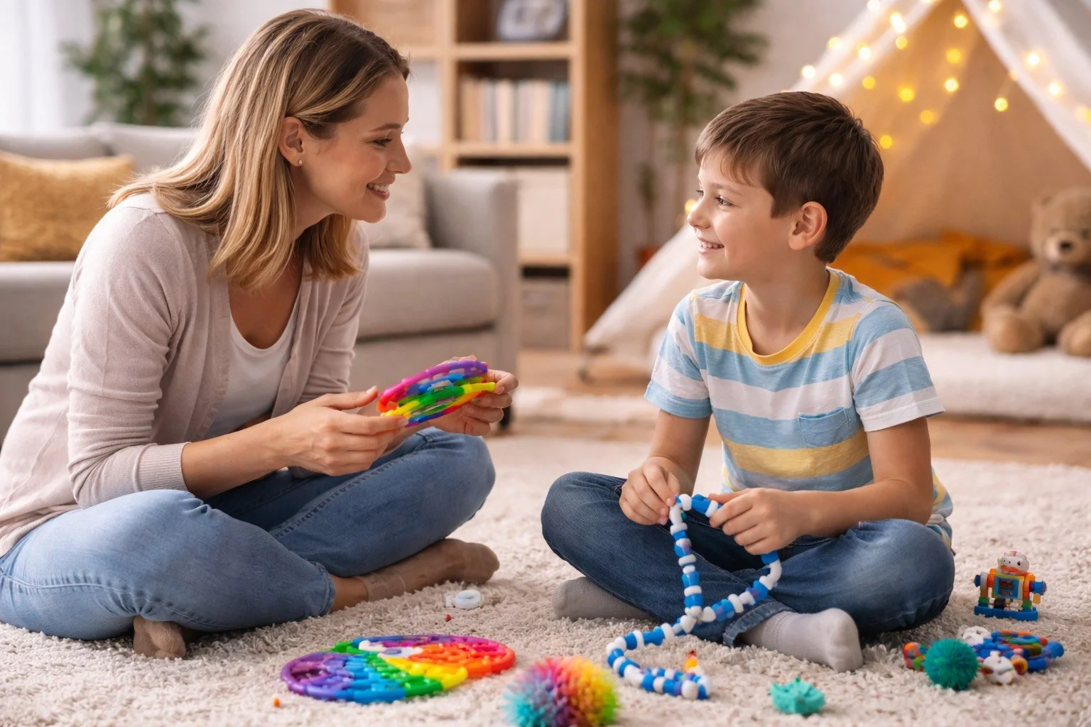 A woman and a young boy playing with colorful beads and toys on a beige carpet in a cozy living room decorated for Christmas, with a large teddy bear in the background and warm fairy lights.