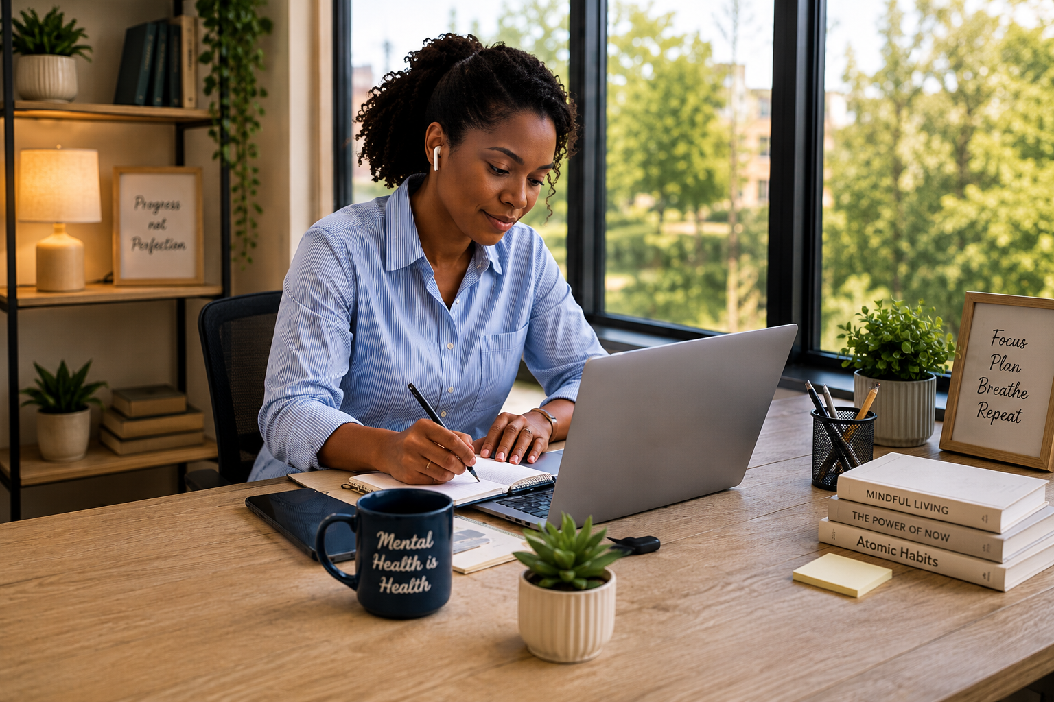 A woman working at a desk with a laptop, notebook, and pen, in a bright office with large windows and plants.