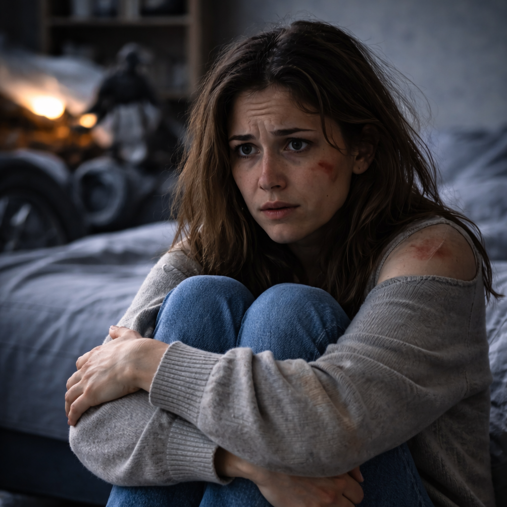 A distressed young woman with long brown hair, wearing a torn and dirty gray sweater, sitting on a bed with a worried expression, visible bruises and scratches on her face and arm, in a dimly lit room.
