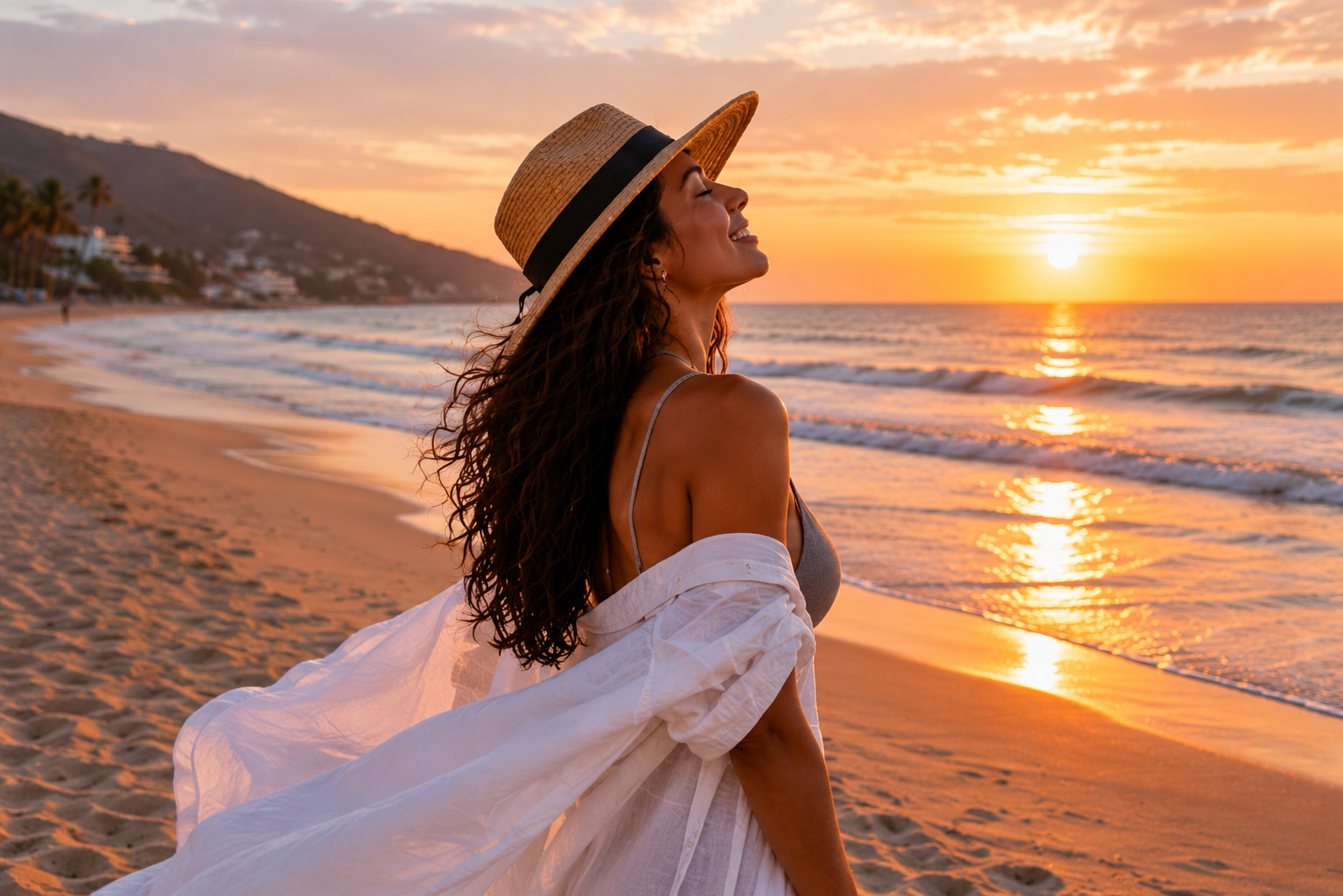 A woman with long curly hair wearing a straw hat, a gray swimsuit, and a white cover-up, standing on the beach at sunset, smiling with her face tilted upward towards the sky, near the shoreline with an ocean and mountains in the background.