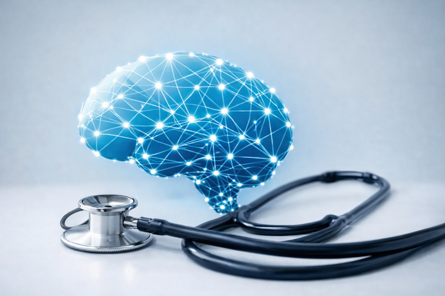 A stethoscope lying on a white surface with a digital illustration of a brain with network connections above it, symbolizing artificial intelligence in healthcare.