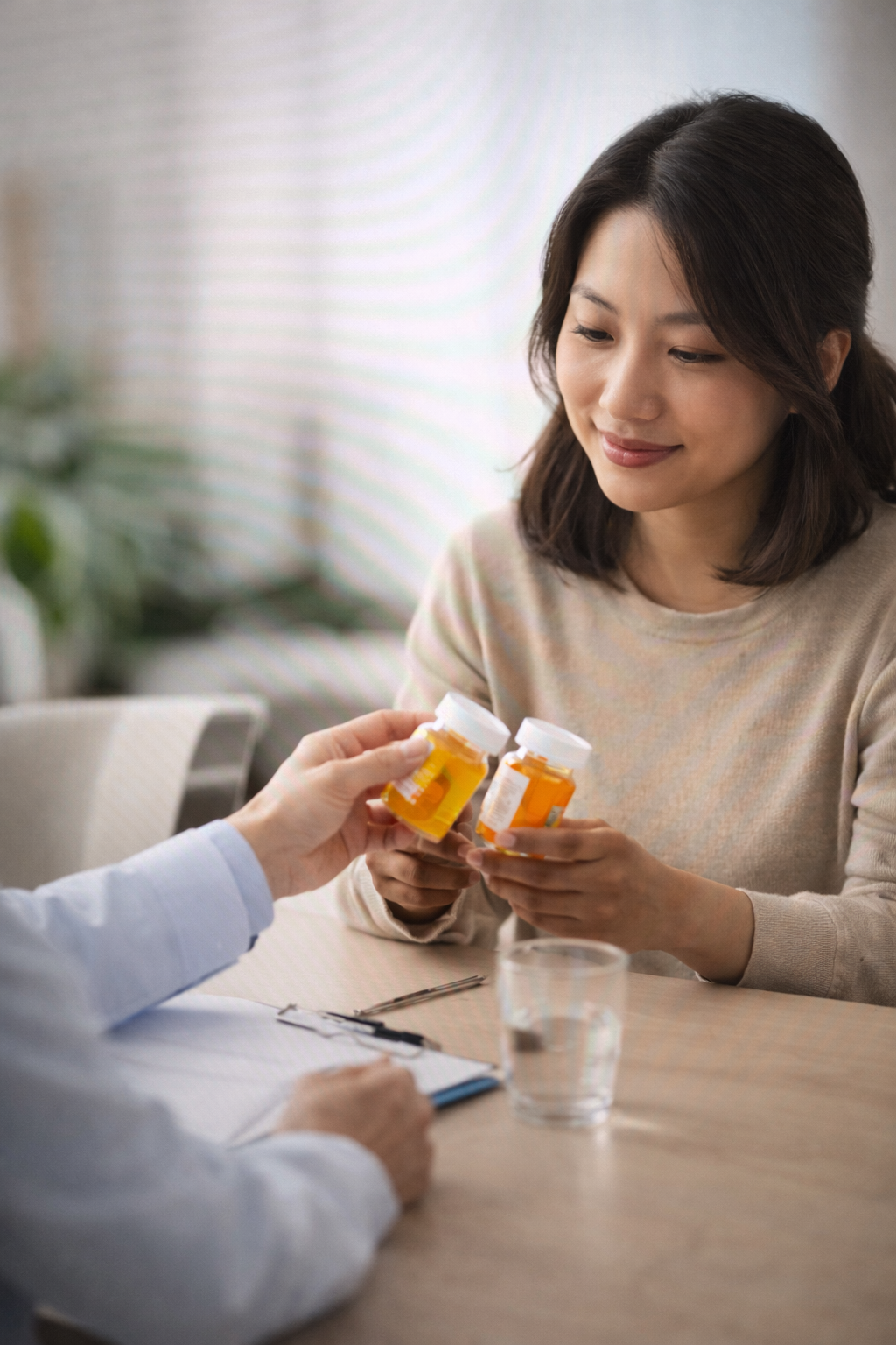 A woman smiling while receiving prescription medication bottles from a healthcare professional at a table, with a glass of water nearby.
