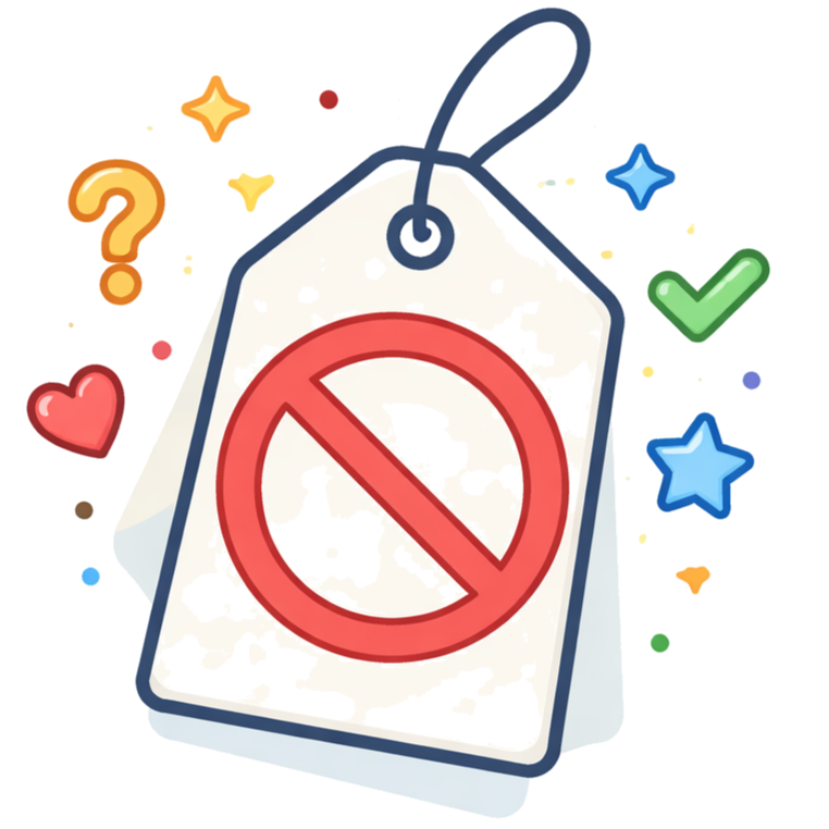 Illustration of a shopping tag with a red prohibition sign, surrounded by colorful icons like a heart, question mark, stars, and checkmark.