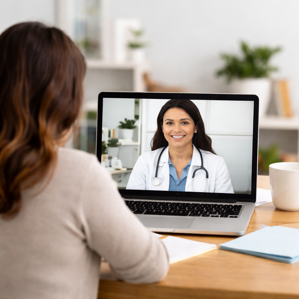 A woman in a beige sweater participating in a video call with a female doctor on a laptop, in a bright room with plants and shelves in the background.