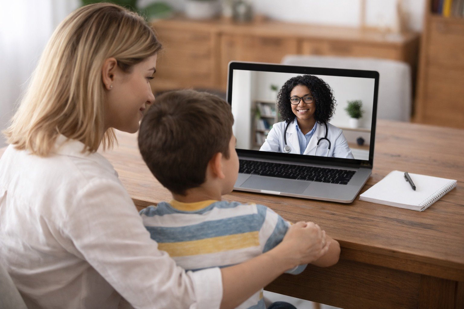 Woman and child watching a video call with a doctor on a laptop.