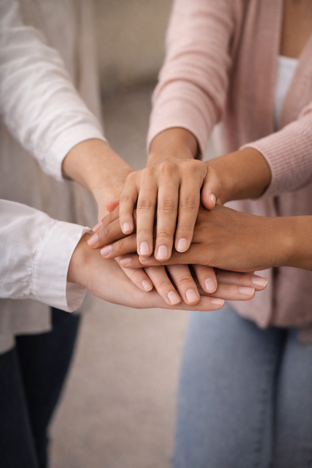 Multiple hands stacked on top of each other, showing teamwork and unity.