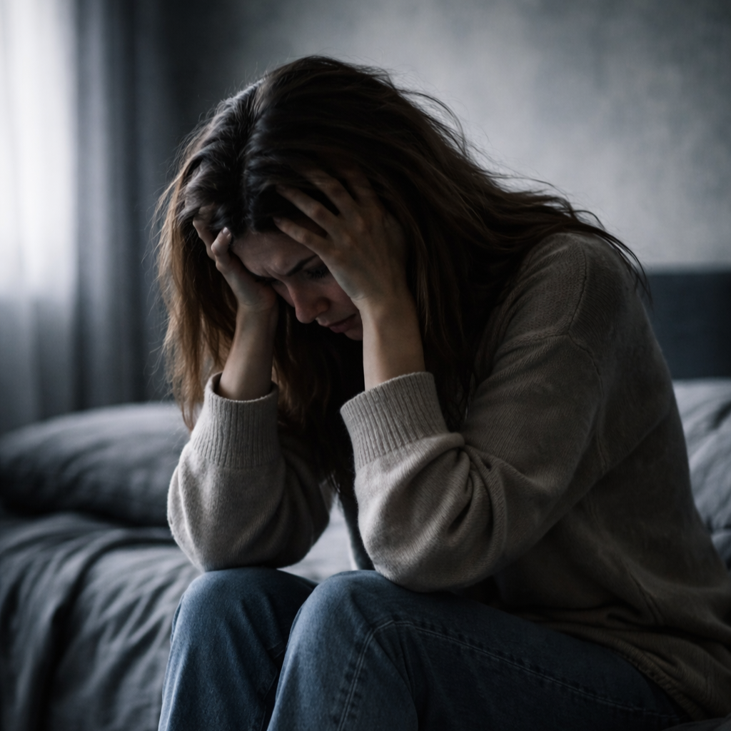A woman sitting on her bed, holding her head in her hands with a distressed expression in a dim bedroom.