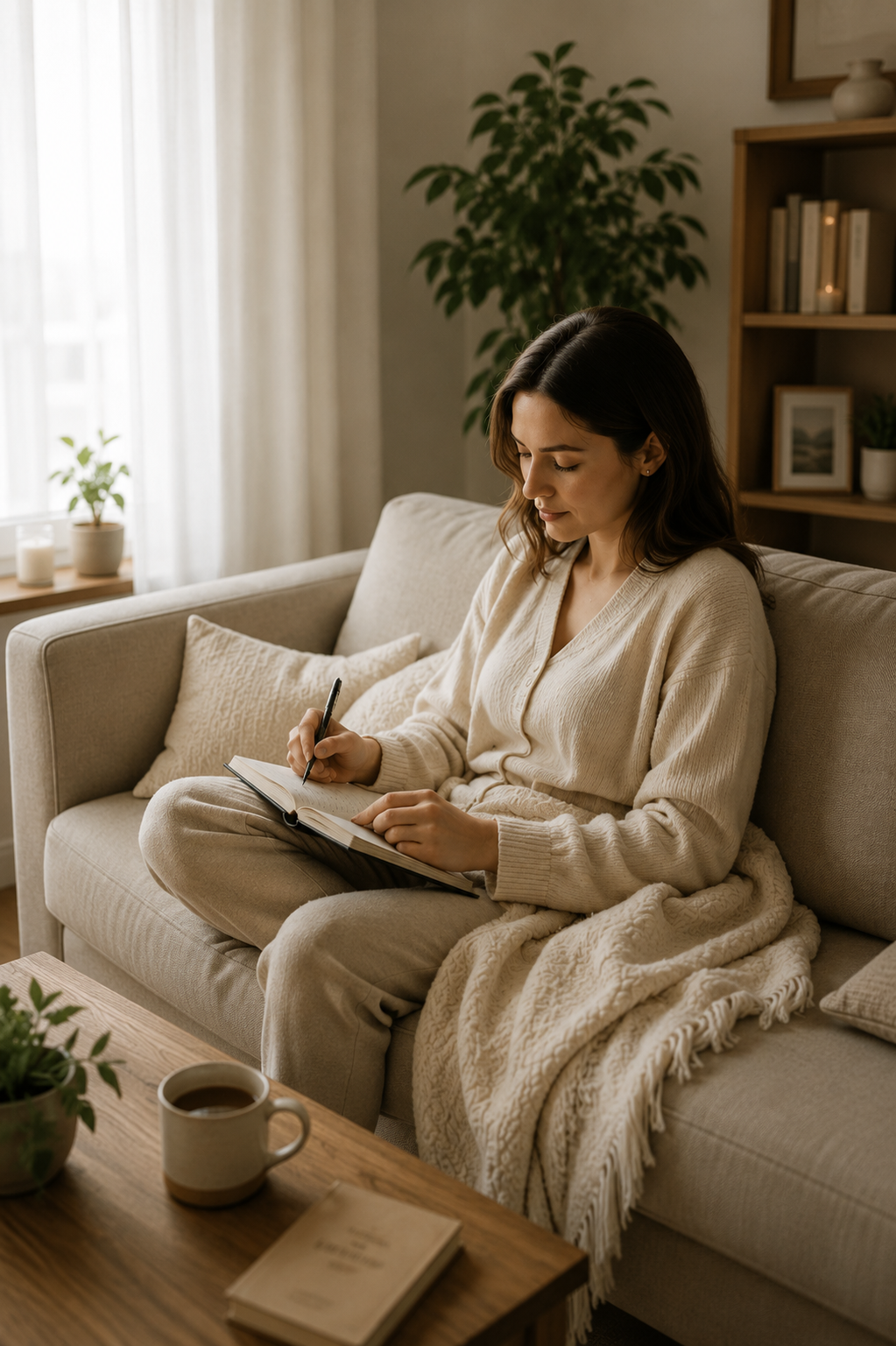 A young woman sitting on a beige couch writing in a notebook with a pen in a cozy living room. There is a potted plant, a mug of coffee, and a book on the wooden coffee table in front of her. The background features a bookshelf, framed pictures, and a window with curtains.