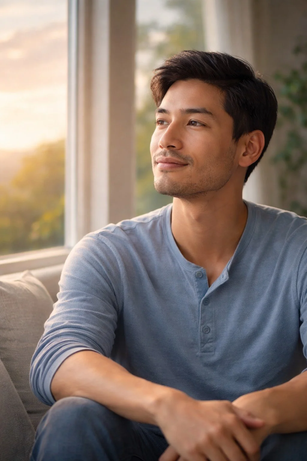 A young man with dark hair and a slight smile, sitting on a couch near a window with greenery outside, wearing a light blue Henley shirt.