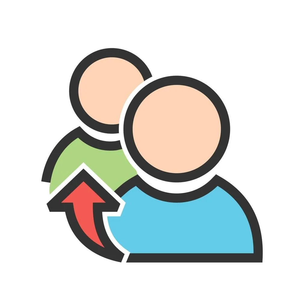 Illustration of two faceless people with an arrow pointing from the person in green to the person in blue, representing user transfer or exchange.
