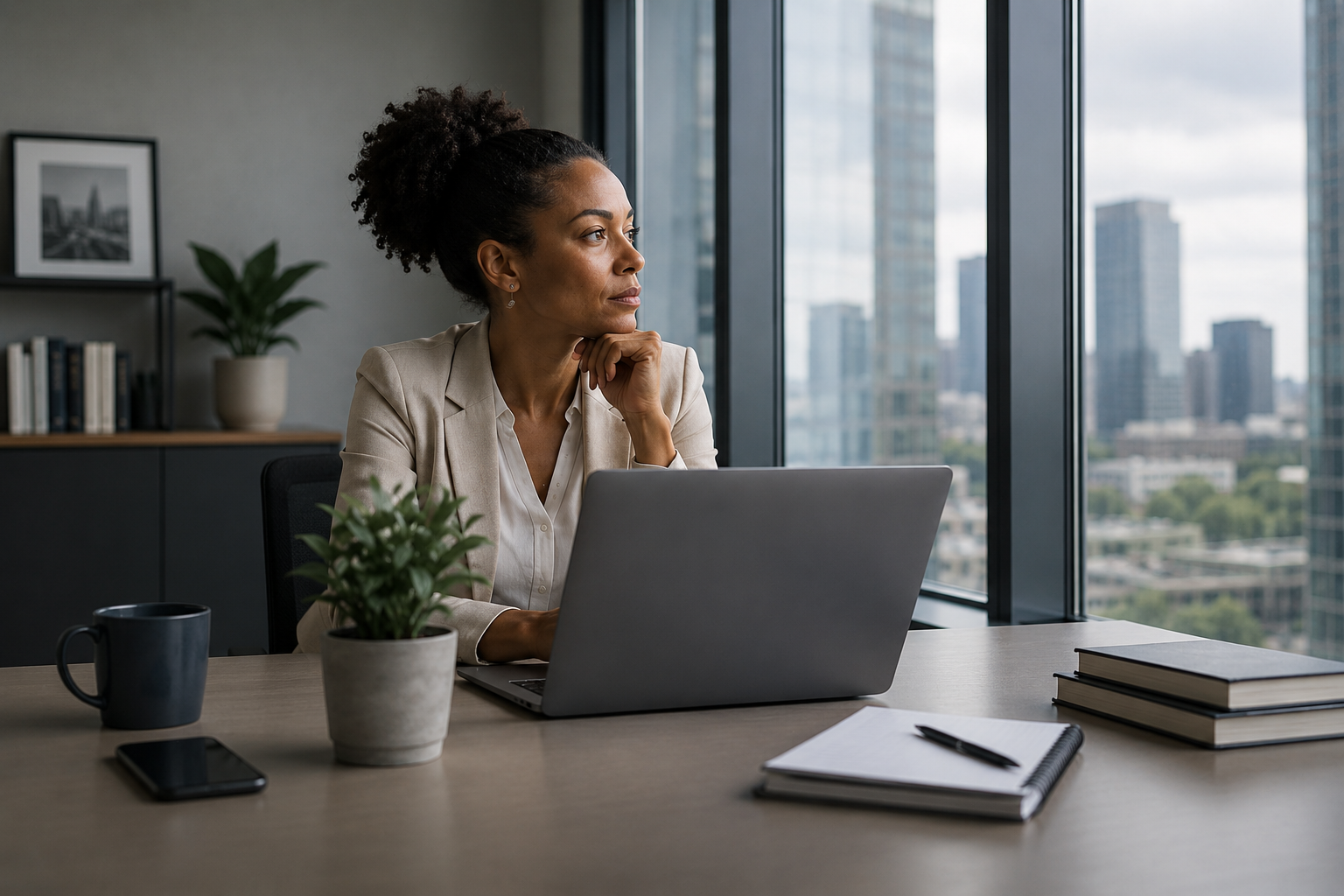 A woman in a business suit looking out the window of an office with a cityscape view, sitting at a desk with a laptop, a smartphone, notebooks, a pen, a mug, and a potted plant.