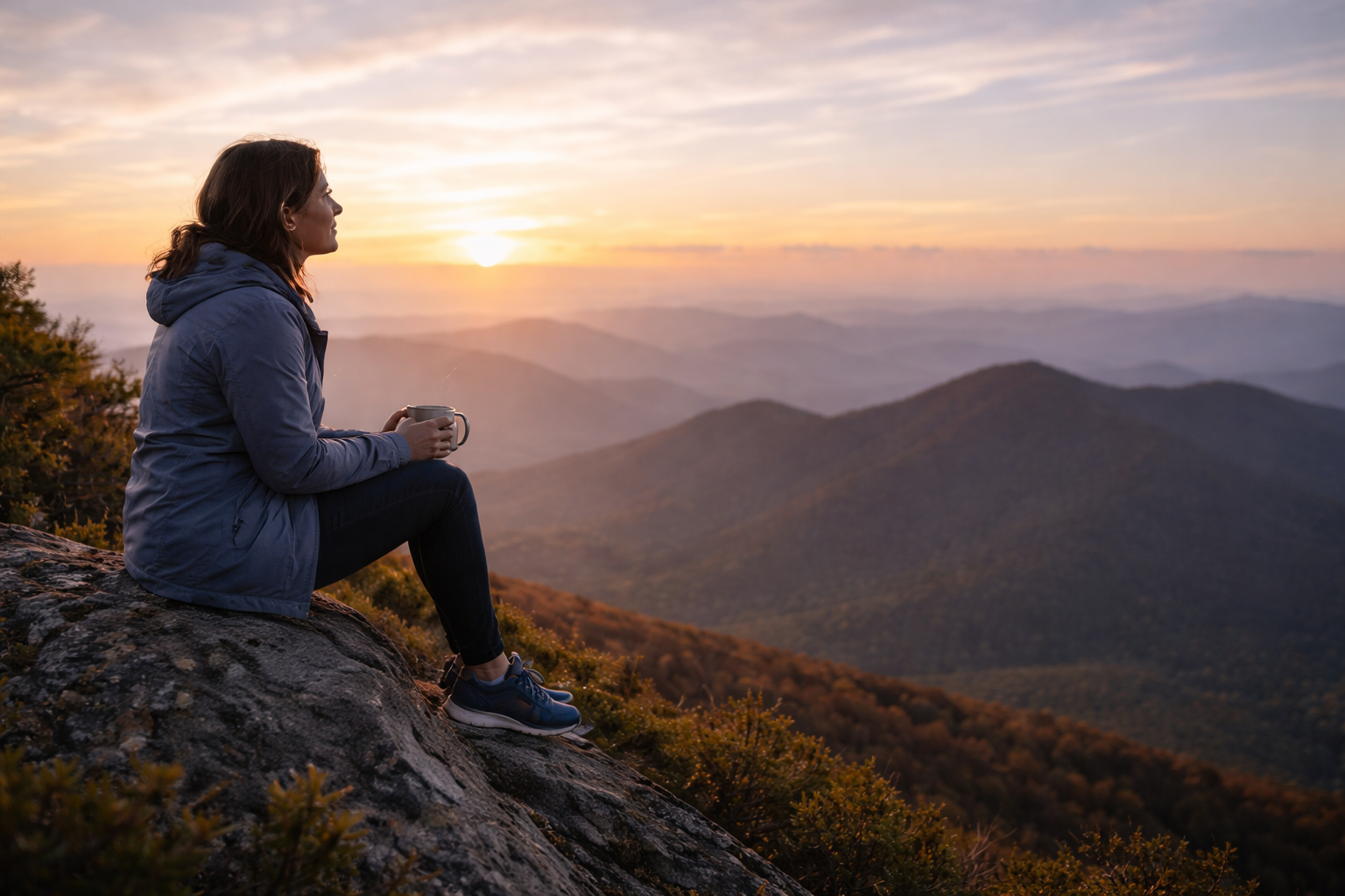 A woman sitting on a rock on a mountain, holding a mug, watching the sunrise over the mountain range.