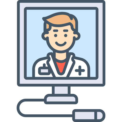 Illustration of a male healthcare professional on a computer screen, wearing a white lab coat with a stethoscope around his neck.