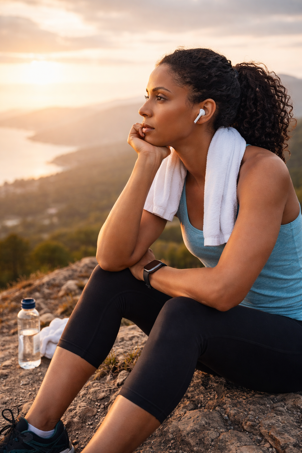 A woman sitting on a rocky hilltop during sunset, wearing athletic clothing, a fitness tracker, and wireless earbuds, with a towel around her neck and a bottle of water nearby, looking contemplative.