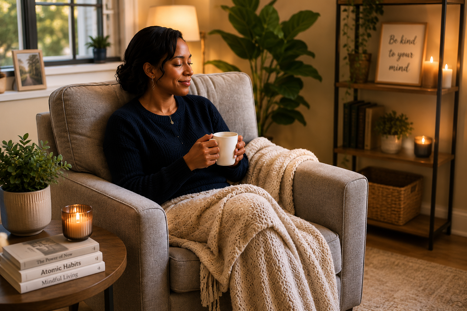 A woman sitting in a cozy living room, holding a white mug with her eyes closed, wrapped in a beige knit blanket, with a calm and relaxed expression.