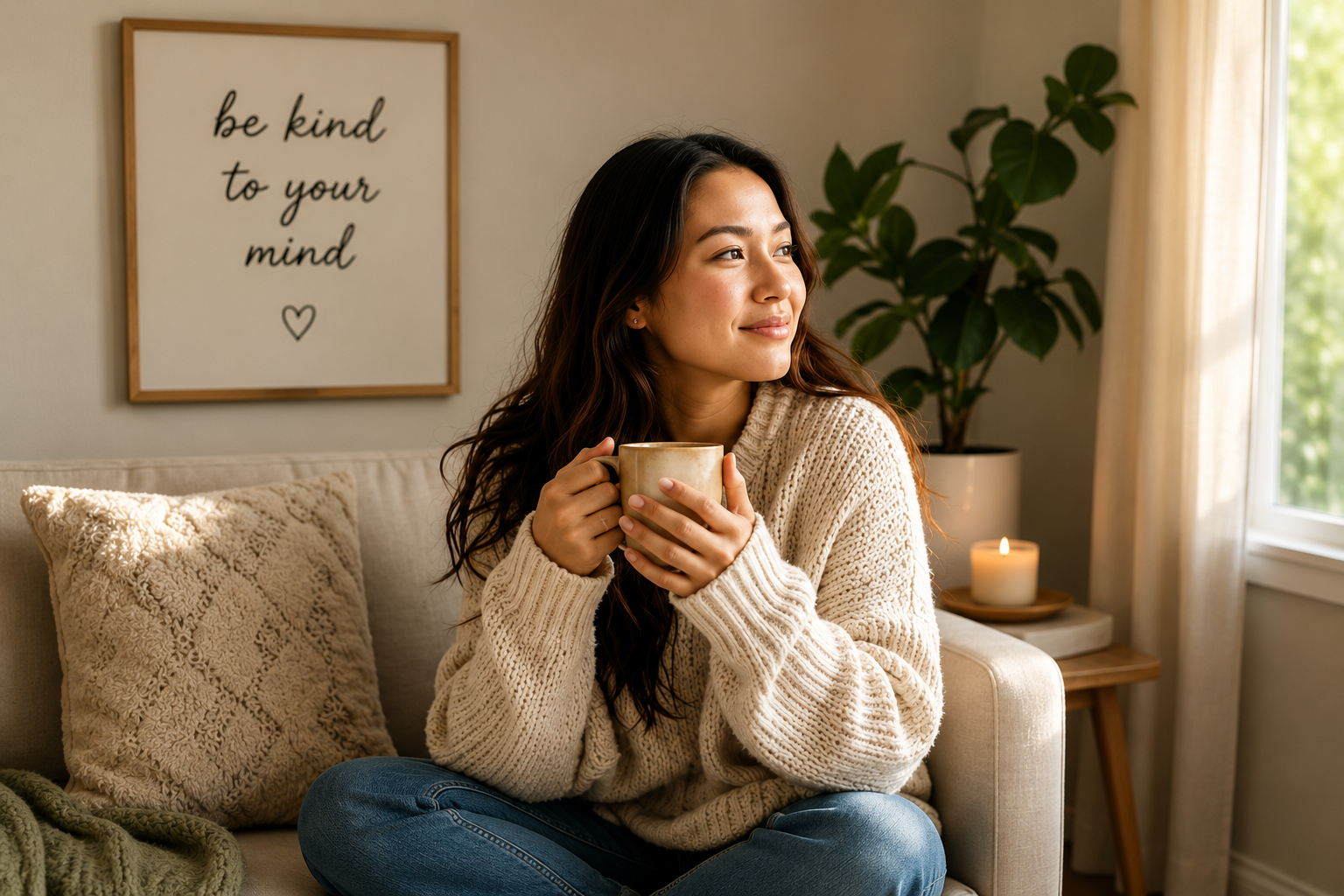 A woman sitting on a beige sofa, holding a mug and looking out the window with a content expression, in a cozy living room with a framed quote on the wall, a potted plant, a lit candle, and curtains.