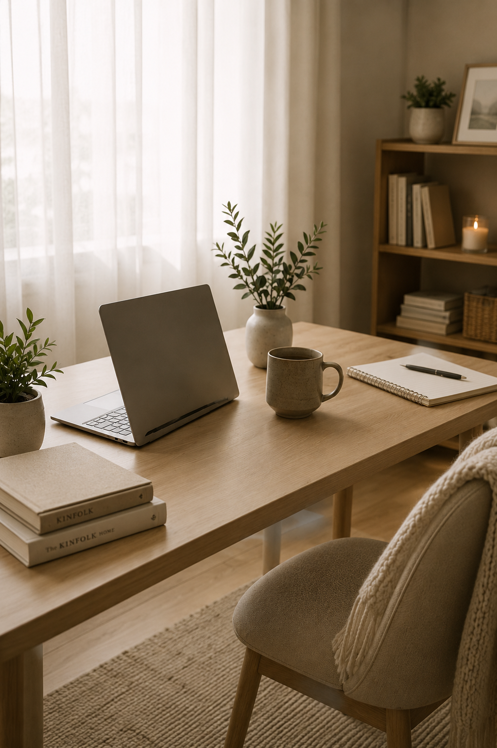 A cozy home office with a wooden desk, a laptop, a coffee mug, notebooks, and potted plants. There's a bookshelf with books and a lit candle in the background, with natural light filtering through sheer curtains.