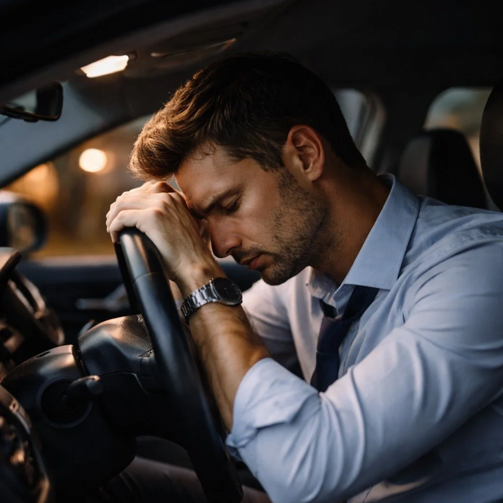 Man in a light blue dress shirt appears upset or stressed inside a car, resting his forehead on the steering wheel.