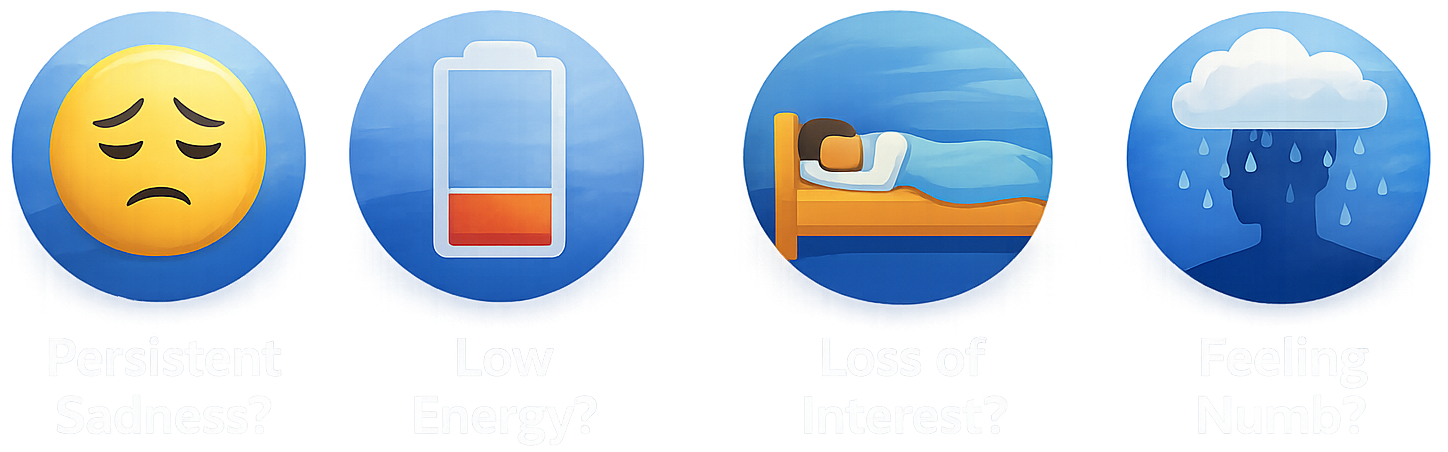 Series of icons representing emotions and symptoms: a sad face emoji, a low battery indicator, a person sleeping, and a person with a rain cloud over their head. Underneath are questions about persistent sadness, low energy, loss of interest, and feeling numb.