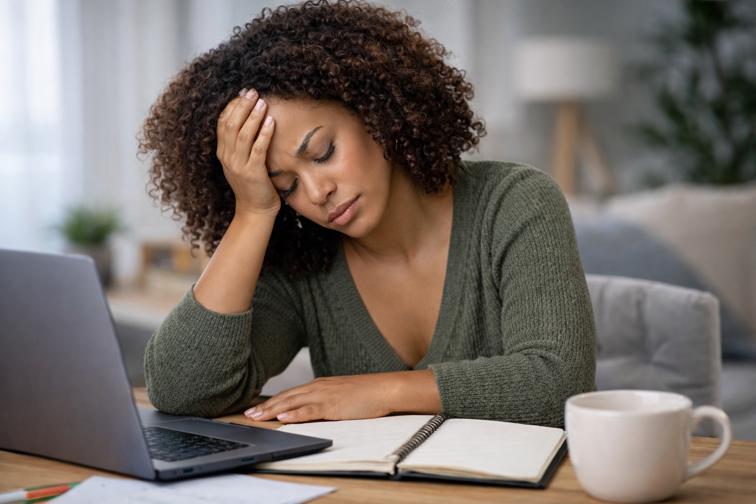 Stressed woman working at a desk in a home office, holding her head in frustration beside a laptop, open notebook, and coffee cup.