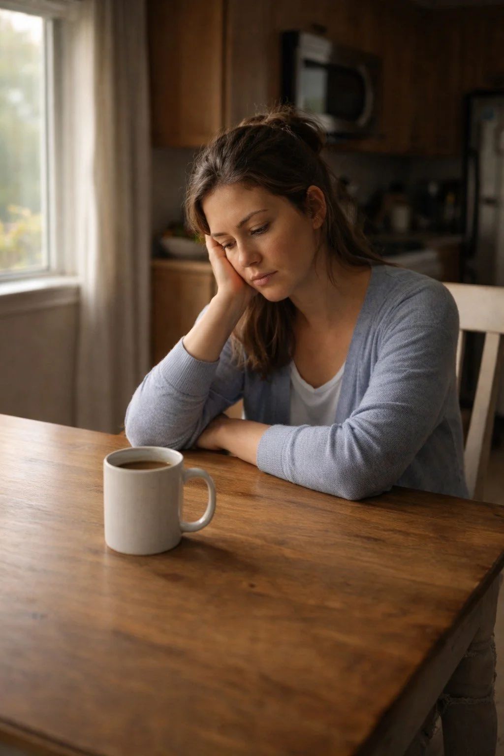 A woman sits at a wooden table with her hand resting on her head, looking downcast, with a coffee mug in front of her in a cozy kitchen with natural light coming through the window.