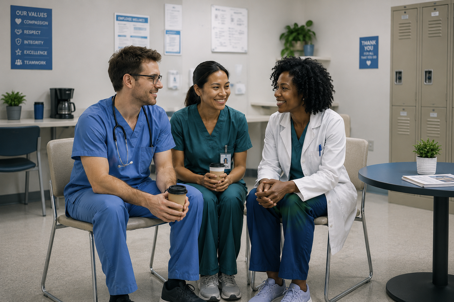 Three healthcare professionals, two women and one man, sitting together in a break room, smiling and chatting. They are wearing medical scrubs, and the woman on the right is wearing a white lab coat. They are holding coffee cups.