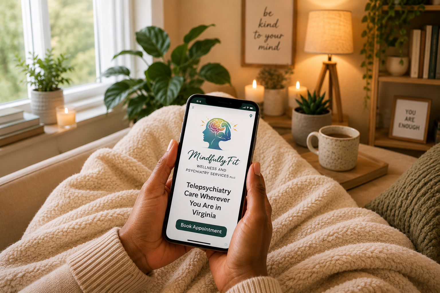 Person holding a smartphone displaying a mental health service app in a cozy living room with plants, candles, and framed motivational quotes.