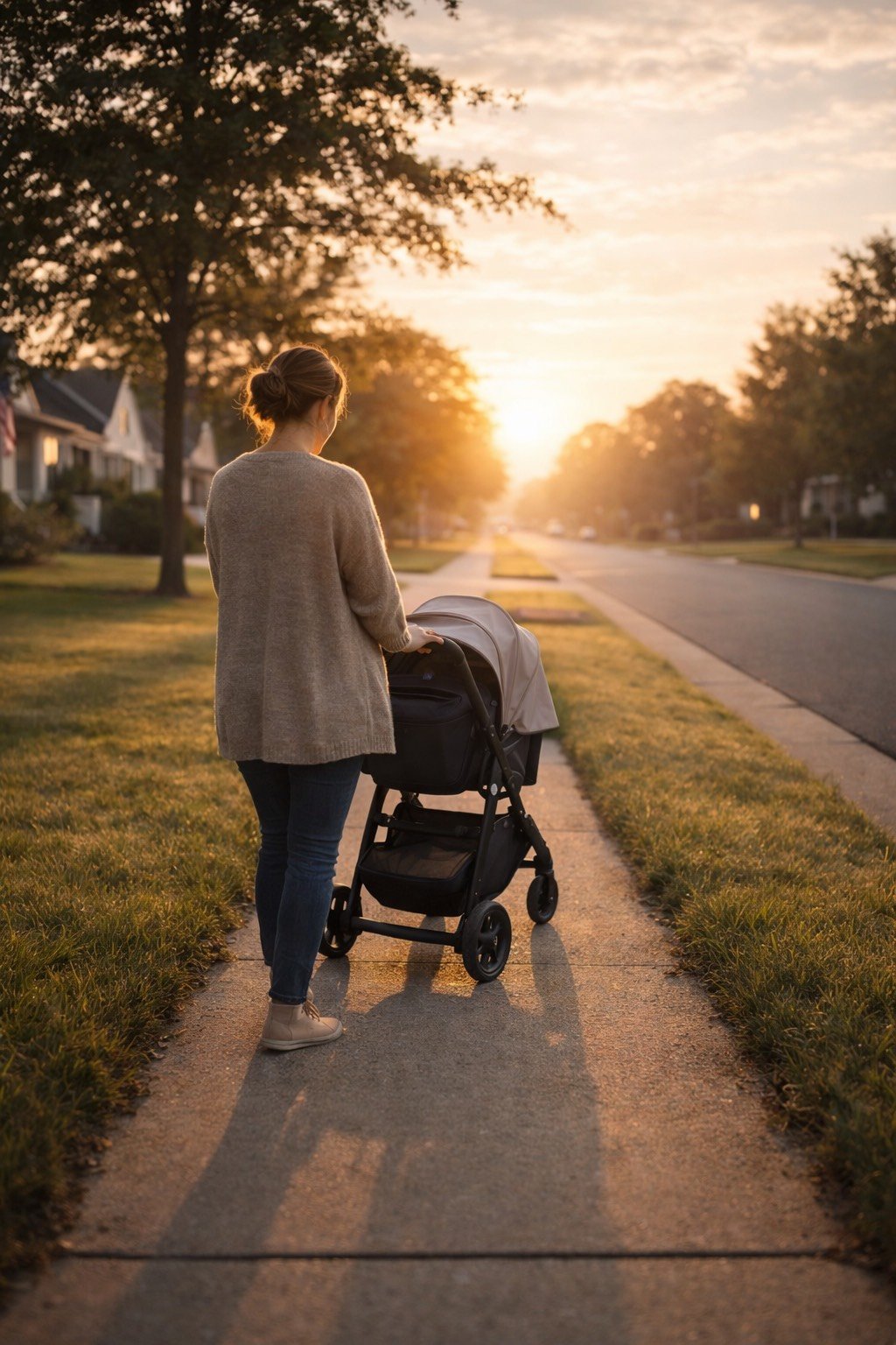 A woman standing on a sidewalk next to a stroller during sunset in a suburban neighborhood.