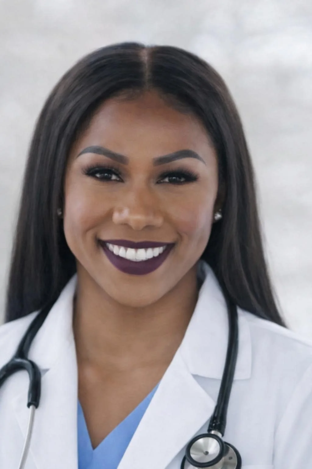 A smiling woman with dark hair, wearing a white medical coat and stethoscope, on a light background.