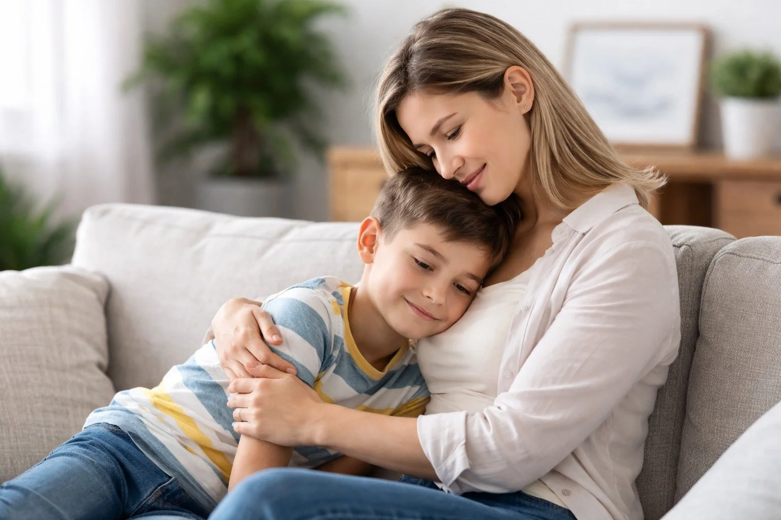 A woman and young boy sitting on a beige couch, hugging. The woman, with blonde hair, is gently resting her head on the boy's head, both smiling peacefully. The setting is a bright, cozy living room with houseplants and framed pictures in the background.