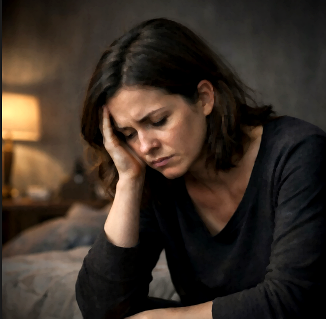 Woman in distress sitting in a dimly lit room