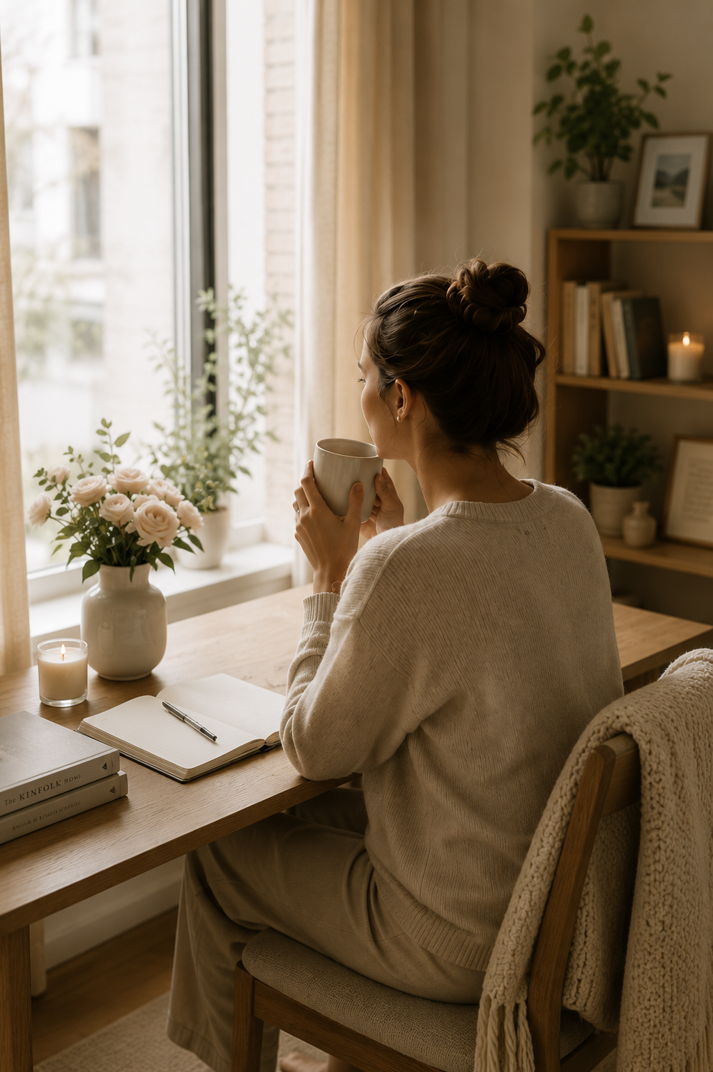 A woman sitting at a wooden desk by a window, holding a mug, with a vase of pink roses, a notebook, and books on the desk. She has her hair in a bun and is wearing a cream sweater. The room is decorated with plants, framed pictures, and a candle.