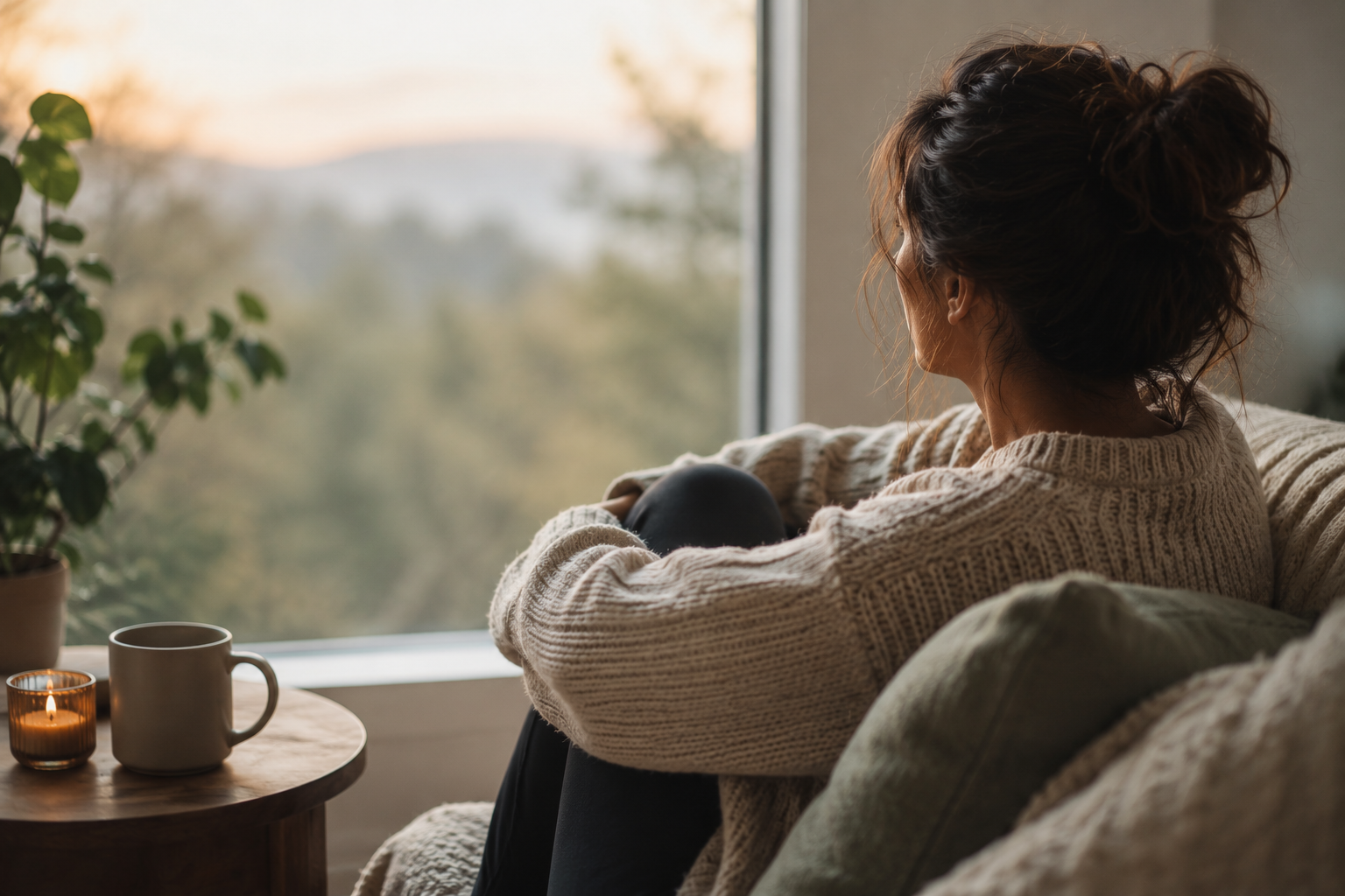A woman sitting on a sofa by a window, looking outside at a blurry landscape, with a candle and mug on a small table nearby.