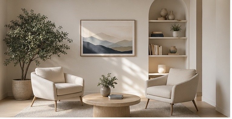 A cozy living room with two white armchairs, a round coffee table, a large potted tree, and built-in white shelves with decorative items.