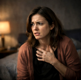 Woman in a brown cardigan clutching her chest with a worried expression