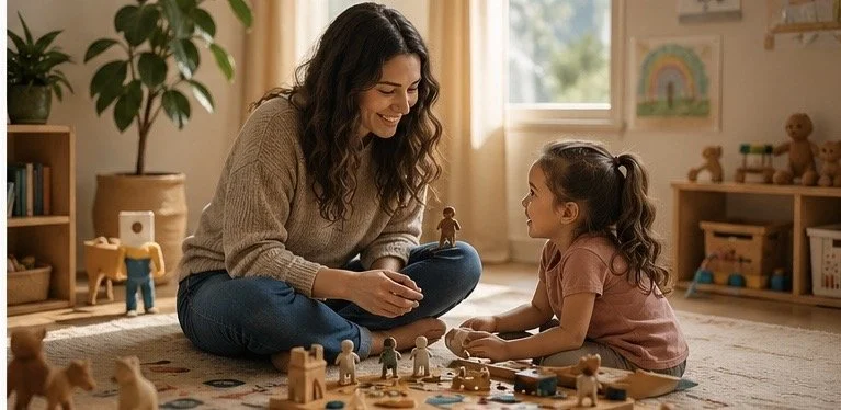 A woman and a young girl playing with wooden toys on a colorful rug in a child’s bedroom.